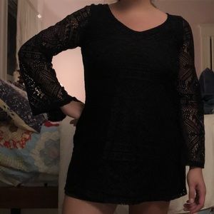 Black lace bell-sleeve little black dress